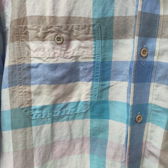 Johnnie-O Men's Sz XL Pastel Plaid Linen Blend Short Sleeve Button Down Shirt - Picture 4 of 7
